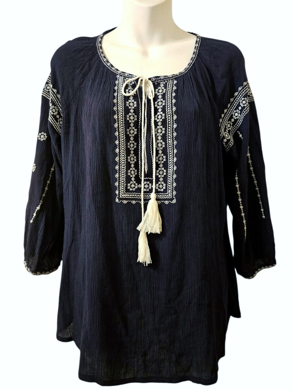 Anthropologie Solitaire embroidered boho peasant top blouse navy blue S